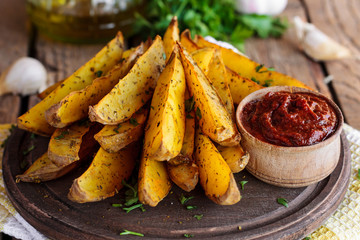 baked fried potatoes with garlic and red sauce