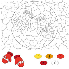 Christmas knitted woolen mittens. Color by number educational ga