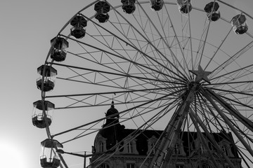 Ferris wheel silhouette in black and white