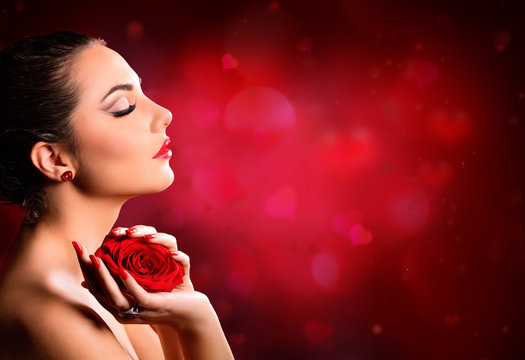 Valentines Day Makeup - Beauty Model Holding Rose
