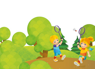 Obraz premium Cartoon scene with kids playing tennis in the park - illustration for children