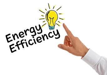 Male hand pointing on text ENERGY EFFICIENCY, white background.