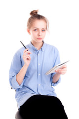 Smart student girl thinking about message isolated