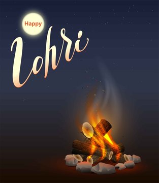 Happy Lohri Punjabi Festival. Fire Burning Wood