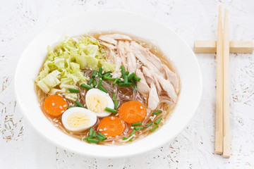 soup with glass noodles, vegetables and chicken