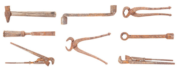 rusty tools set on a white background