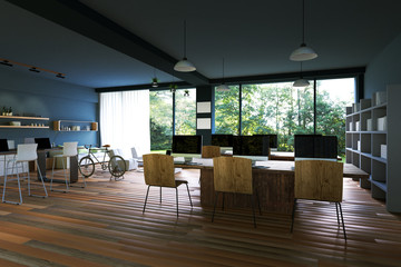 3D Rendering : illustration of internet pc cafe decoration interior or pc office of computer worker interior.modern loft cafe style.green nature out side.