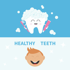 Tooth holding toothpaste and toothbrush. Smiling boy. Healthy teeth banner set. Flat design Blue white background.