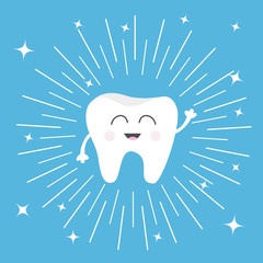 Healthy tooth icon. Smiling face. Round line circle. Oral dental hygiene. Children teeth care. Shining effect stars. Blue background. Flat design.
