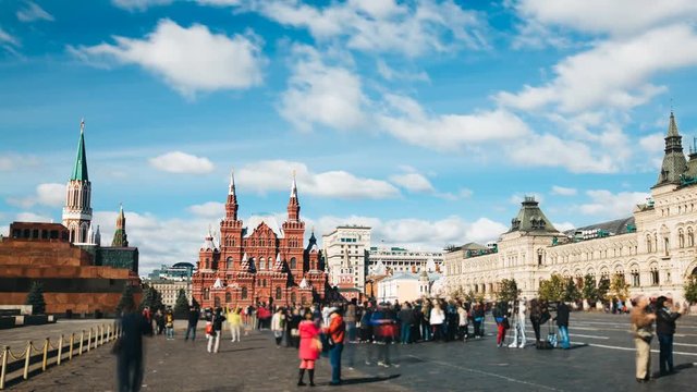 Kremlin tower, histrical museum and cental store from Red Square timelapse in Moscow, Russia