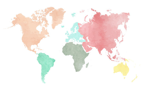 Map of the continental world in watercolor in six different colors