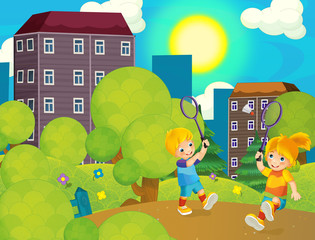 Cartoon scene with kids playing tennis in the park - beautiful day - illustration for children