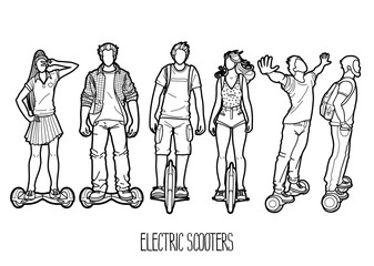 Graphic people riding on electric scooters 