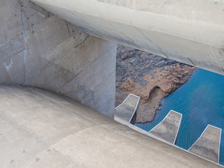 Detail of concrete dam wall and overflow of impressive Katse Dam hydroelectric power plant in Lesotho, Africa