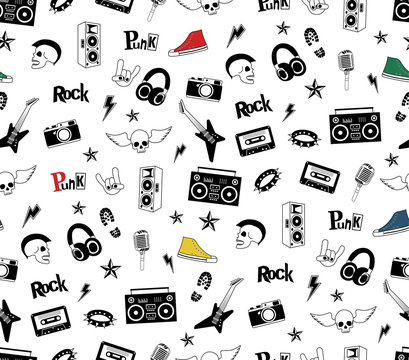 Punk Rock seamless pattern isolated on white. Rock and roll doodles. Music signs, rockstar, record label, skull, tattoo, guitar band. Cool vector hand drown design for print, textille, wrapping paper