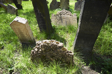 Tombstones on Old Jewish Cemetery in the Jewish Quarter in Prague.There are about 12000 tombstones presently visible