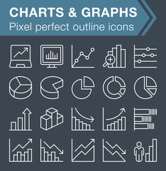 Pixel perfect outline graphs and charts icons for mobile apps and web design. 