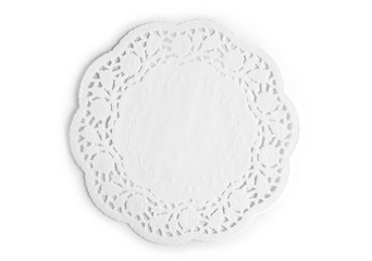 Lacy white paper napkin isolated on white background - obrazy, fototapety, plakaty