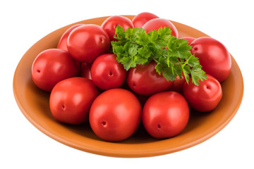 Fresh tomatoes on plate. Isolated on white background.