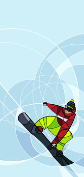 Vector illustration snowboarder in red and green dress on blue background. abstract image made with circles. winter sport. Vertical composition