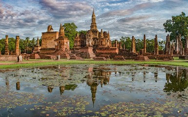 Reflection of Wat Mahathat,Sukhothai,Thailand