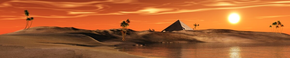 Naklejka na ściany i meble The pyramids in the desert. An oasis in the desert. Panorama of the desert. 