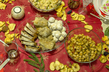 family having lunch at home, top view of the table with food