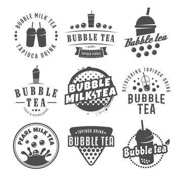 Vector bubble tea logos. Set of pearl tea labels. Popular asian drink badges