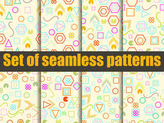 Seamless pattern set with geometric figures in the Memphis style. Vector illustration