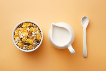 Breakfast ingredients. Cereals with milk. Top view