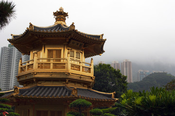Chi Lin Nunnery in Hong Kong on the background of skyscrapers
