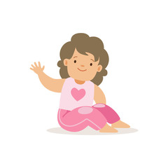 Girl In Pink Pants Waving,, Adorable Smiling Baby Cartoon Character Every Day Situation