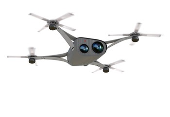 isolated modern camera drone in flight, front view of the futuristic black  concept 3D illustration