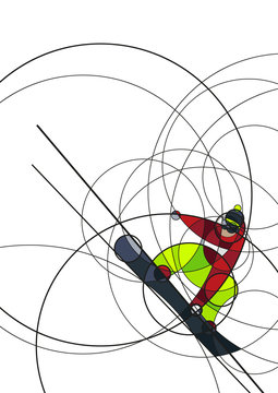 Vector illustration snowboarder in red and green dress on white background. abstract image made with circles. winter sport. Vertical composition