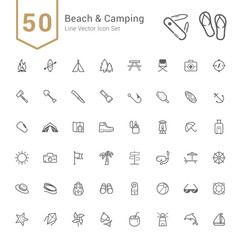 Camping & Beach Icon Set. 50 Line Vector Icons.