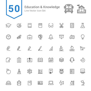 Education and Knowledge Icon Set. 50 Line Vector Icons.
