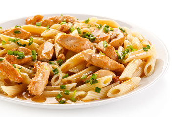 Penne with meat, sauce and vegetables 