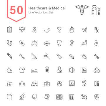 Healthcare and Medical Icon Set. 50 Line Vector Icons.