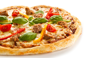 Pizza with tuna on white background 