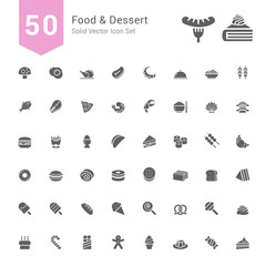 Food and Dessert Icon Set. 50 Solid Vector Icons.