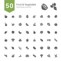 Fruit and Vegetable Icon Set. 50 Solid Vector Icons.