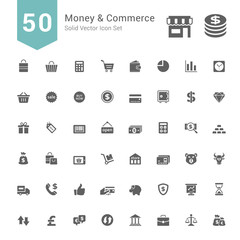 Fototapeta na wymiar Money and Commerce Icon Set. 50 Solid Vector Icons.
