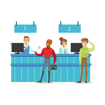 Client Service Counter With Bank Visitors And Workers. Bank Service, Account Management And Financial Affairs Themed Vector Illustration