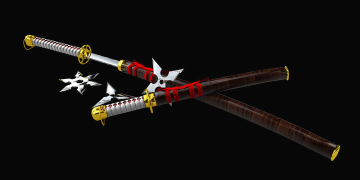 Japanese Katana. Samurai set Isolated weapons. 3d illustration. isolated black