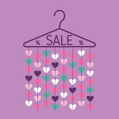 Hanger with heart garland. Sale banner. Vector