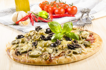 spicy italian pizza with olive and cheese