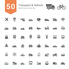 Transport & Vehicle Icon Set. 50 Solid Vector Icons.