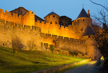 Fototapeta na wymiar Medieval fortress walls in evening. Carcassonne