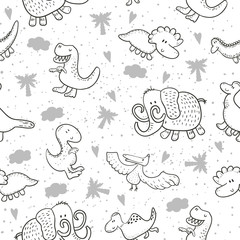 Cute seamless pattern with funny dinosaurs. vector illustration.