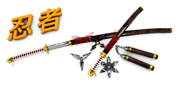 Japanese Katana. Samurai set Isolated weapons whit 3d Ninja word . 3d illustration.